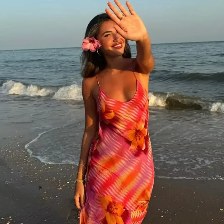 Vestito lungo donna con bretelle sottili a stampa floreale estivo