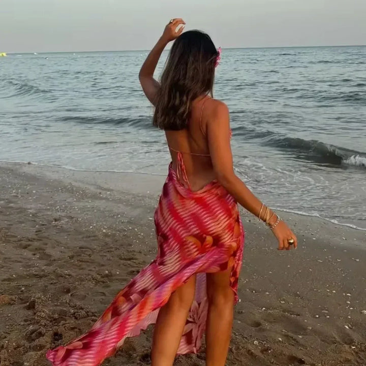Vestito lungo donna con bretelle sottili a stampa floreale estivo