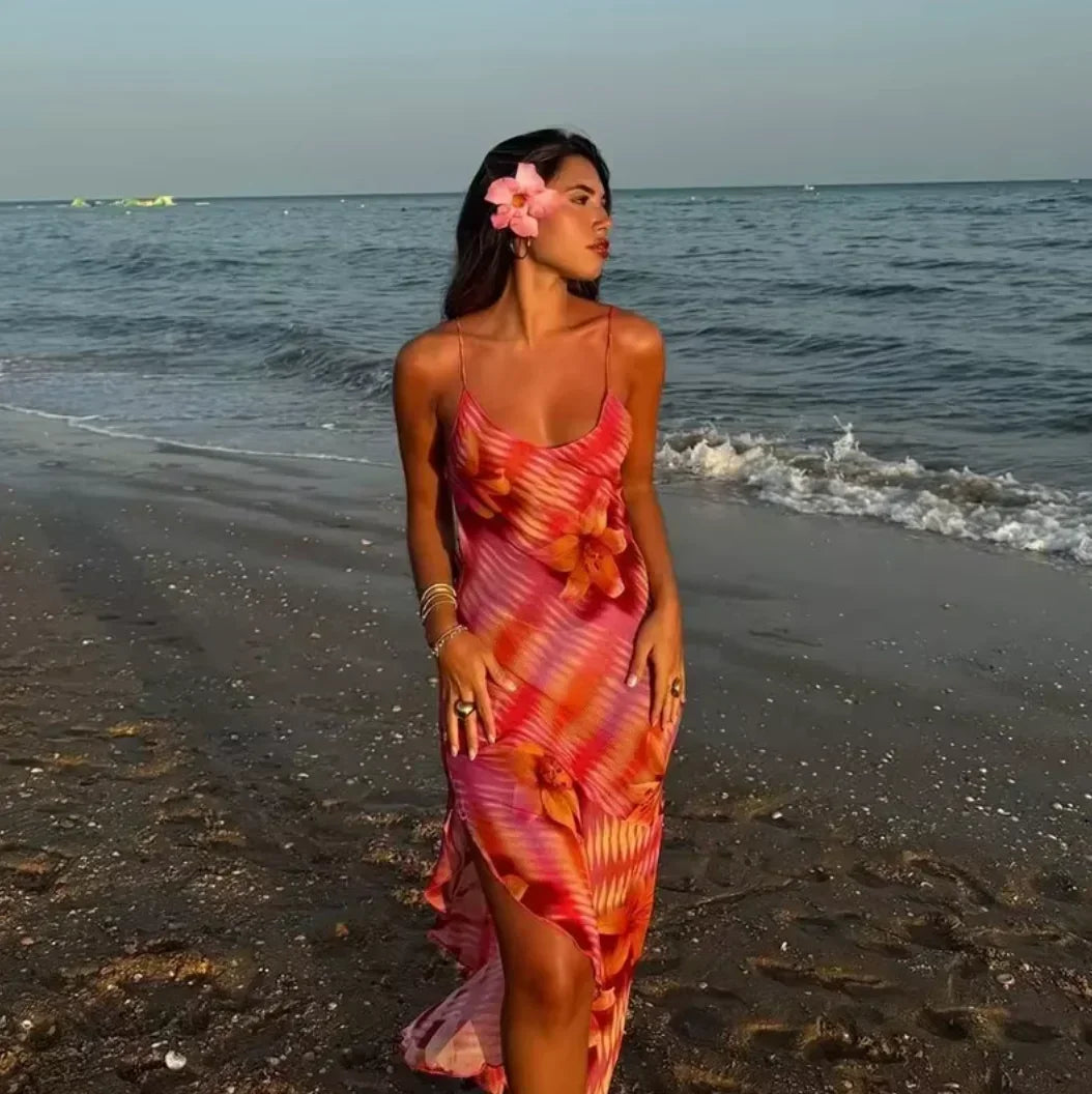 Vestito lungo donna con bretelle sottili a stampa floreale estivo