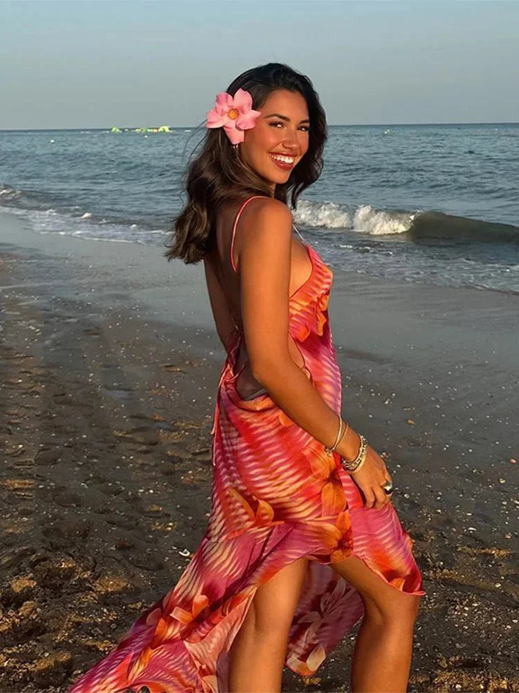 Vestito lungo donna con bretelle sottili a stampa floreale estivo