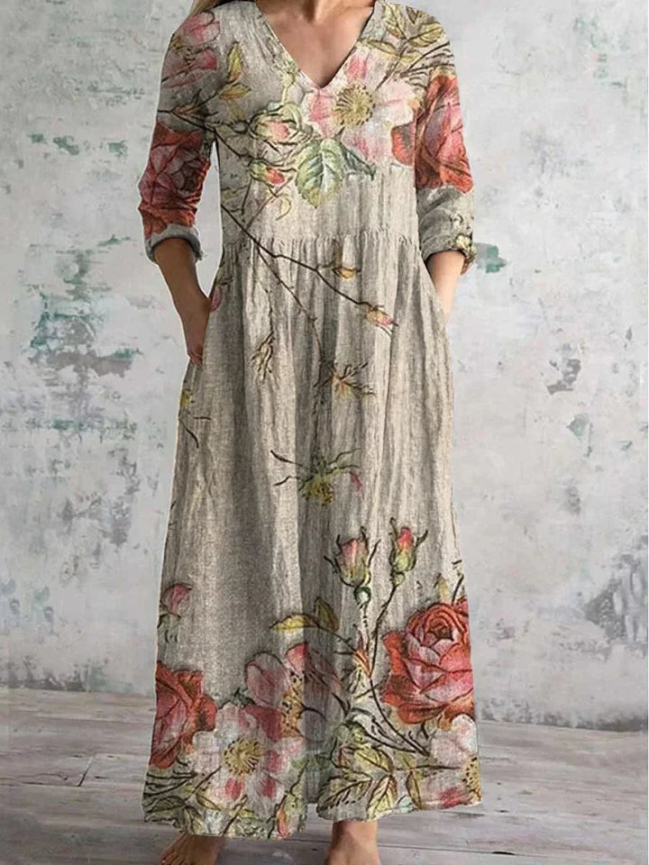 Vestito lungo stampato floreale con scollo a V e maniche 3/4