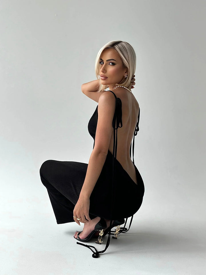 Vestito lungo elegante schiena nuda con lacci regolabili