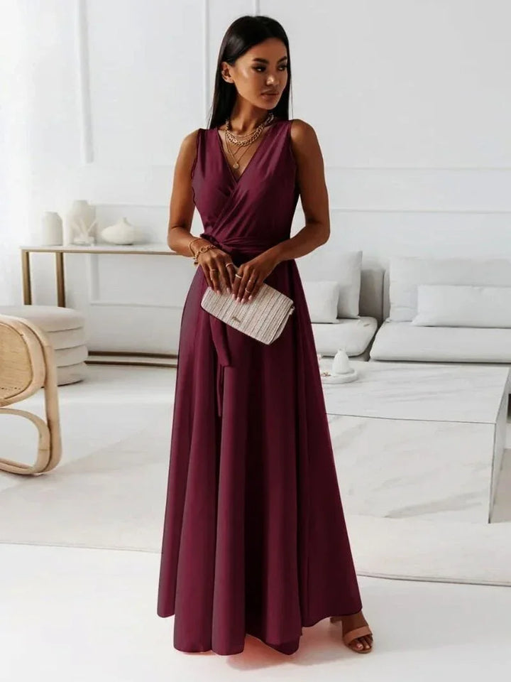 Vestito lungo donna plissettato con cintura e scollo a V