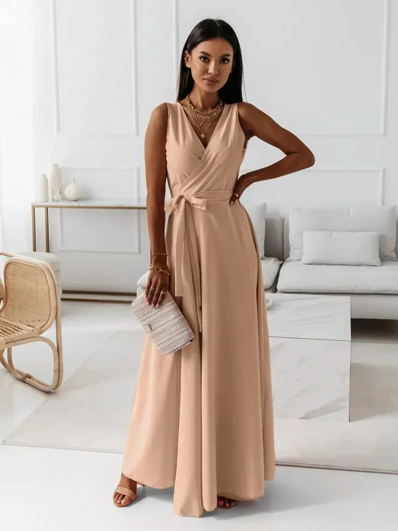 Vestito lungo donna plissettato con cintura e scollo a V