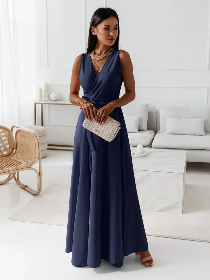 Vestito lungo donna plissettato con cintura e scollo a V