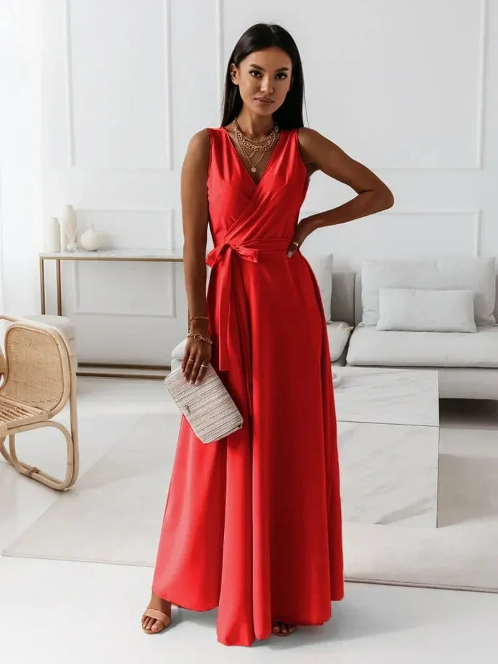 Vestito lungo donna plissettato con cintura e scollo a V