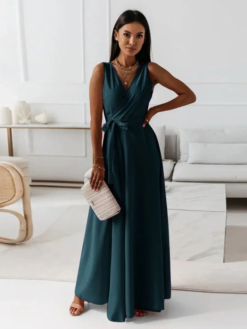 Vestito lungo donna plissettato con cintura e scollo a V