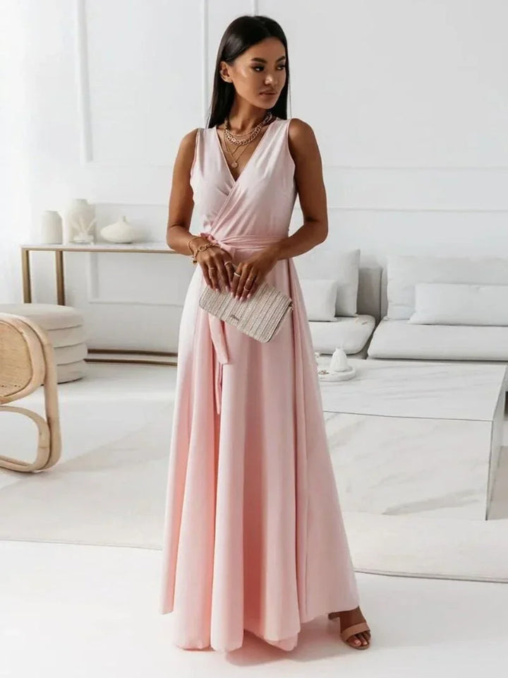 Vestito lungo donna plissettato con cintura e scollo a V