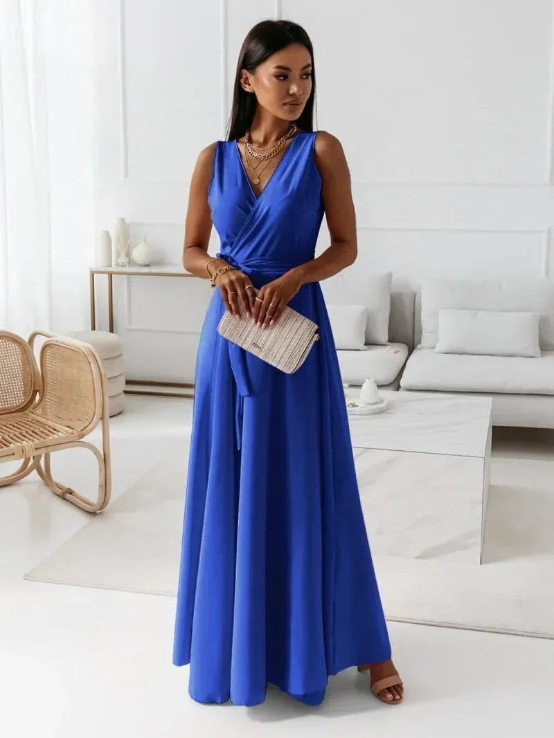 Vestito lungo donna plissettato con cintura e scollo a V