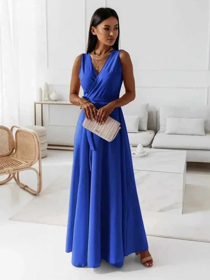 Vestito lungo donna plissettato con cintura e scollo a V