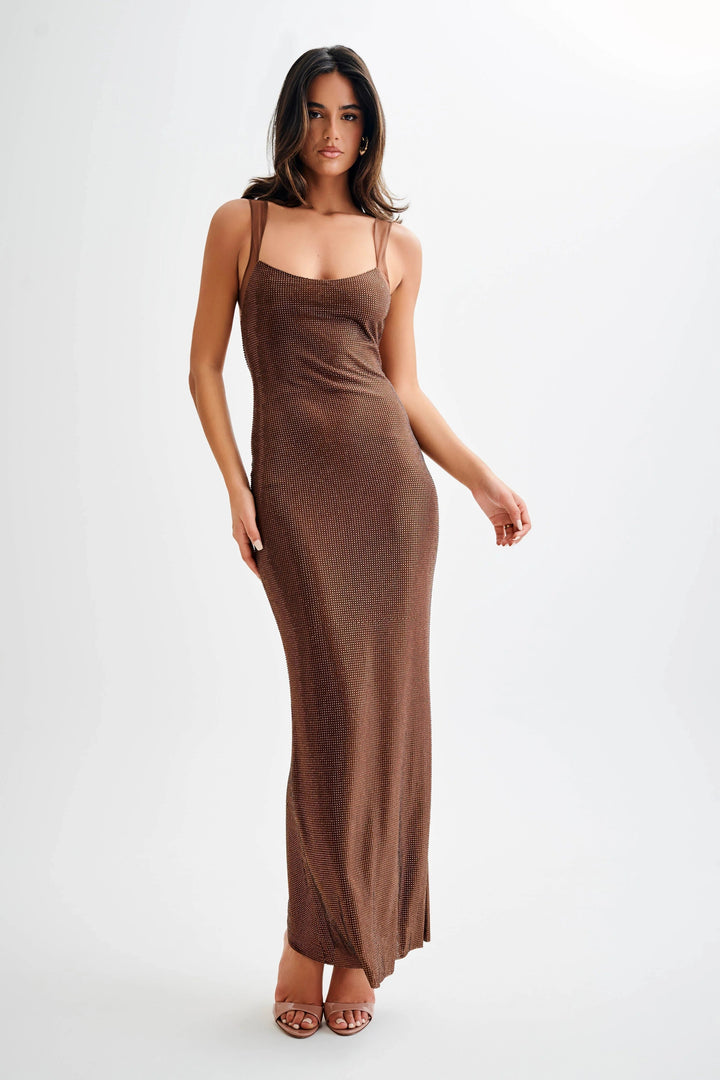 Vestito lungo paillettato da donna con spalline marroni