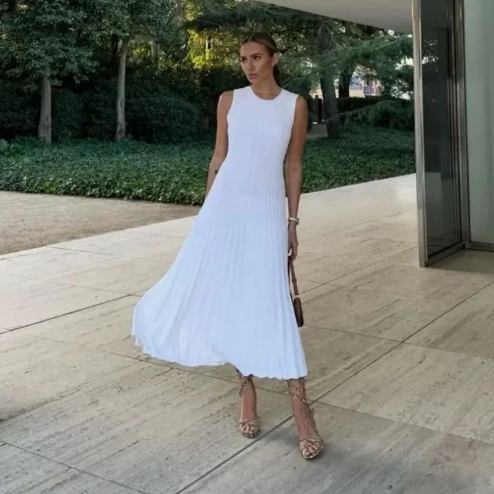 Vestito lungo donna plissettato senza maniche in tessuto fluido