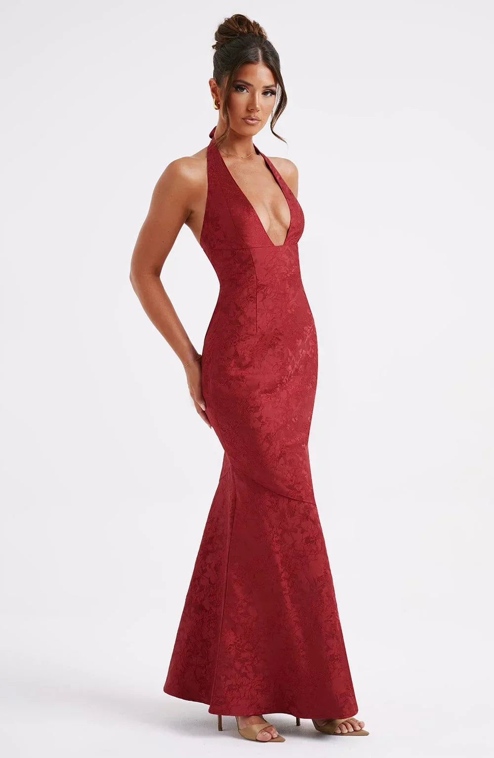Vestito lungo rosso collo all’americana con fiocco da sera