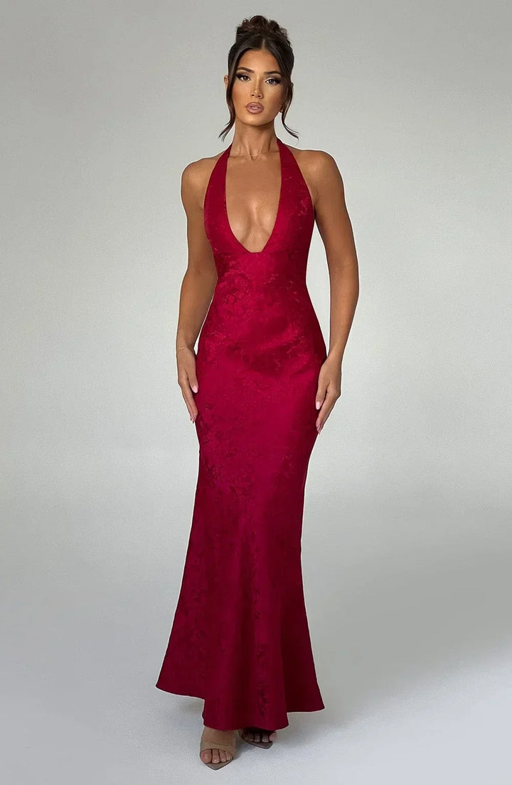 Vestito lungo rosso collo all’americana con fiocco da sera