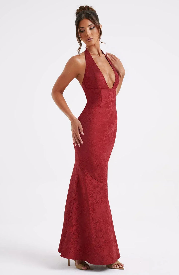 Vestito lungo rosso collo all’americana con fiocco da sera