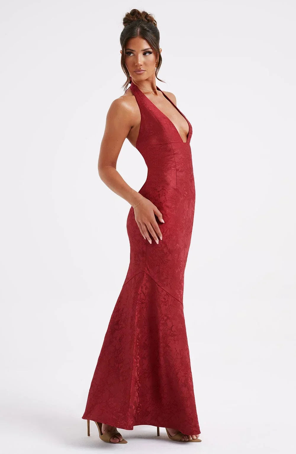 Vestito lungo rosso collo all’americana con fiocco da sera