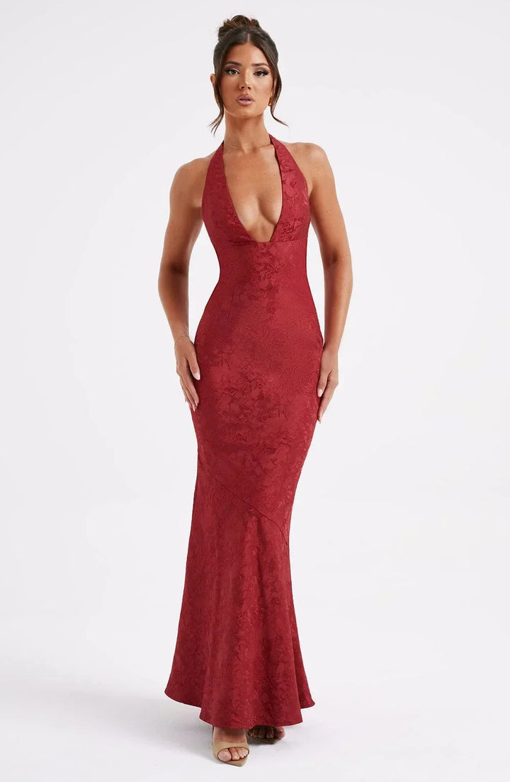 Vestito lungo rosso collo all’americana con fiocco da sera