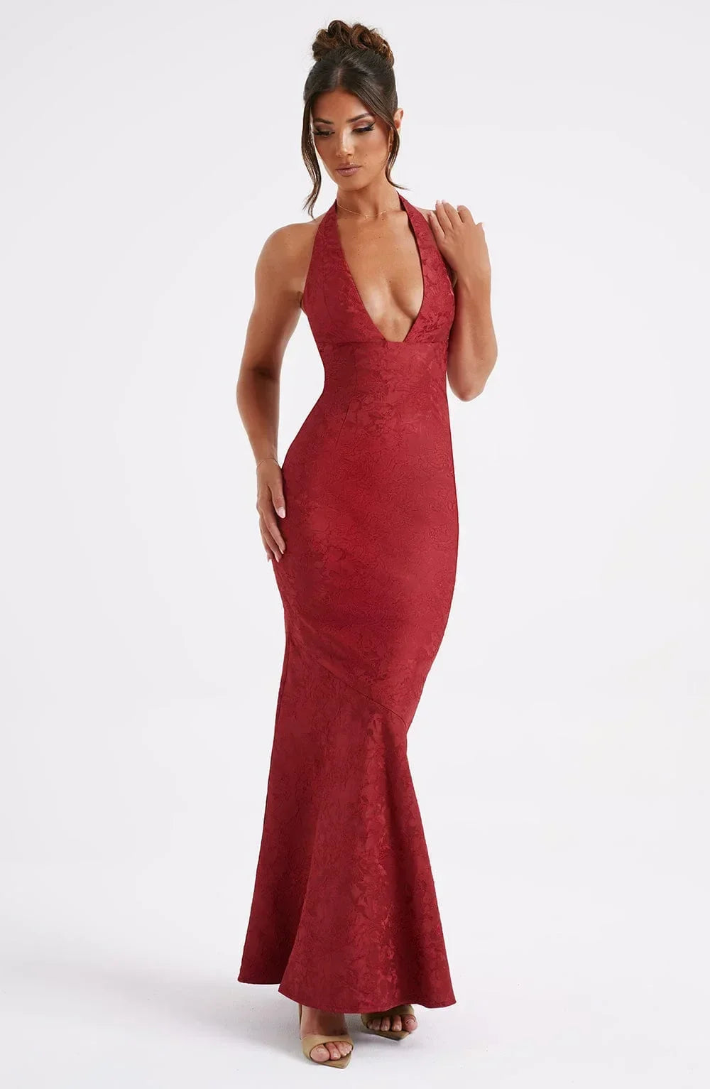 Vestito lungo rosso collo all’americana con fiocco da sera