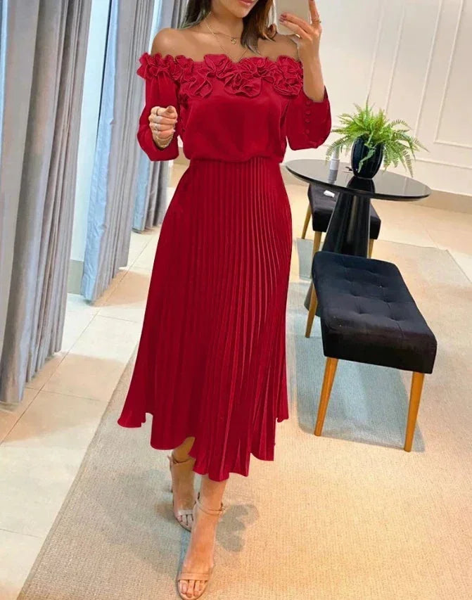 Vestito lungo rosso Spalle scoperte con volant e gonna plissettata