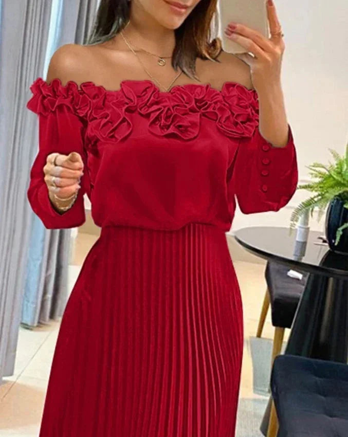 Vestito lungo rosso Spalle scoperte con volant e gonna plissettata