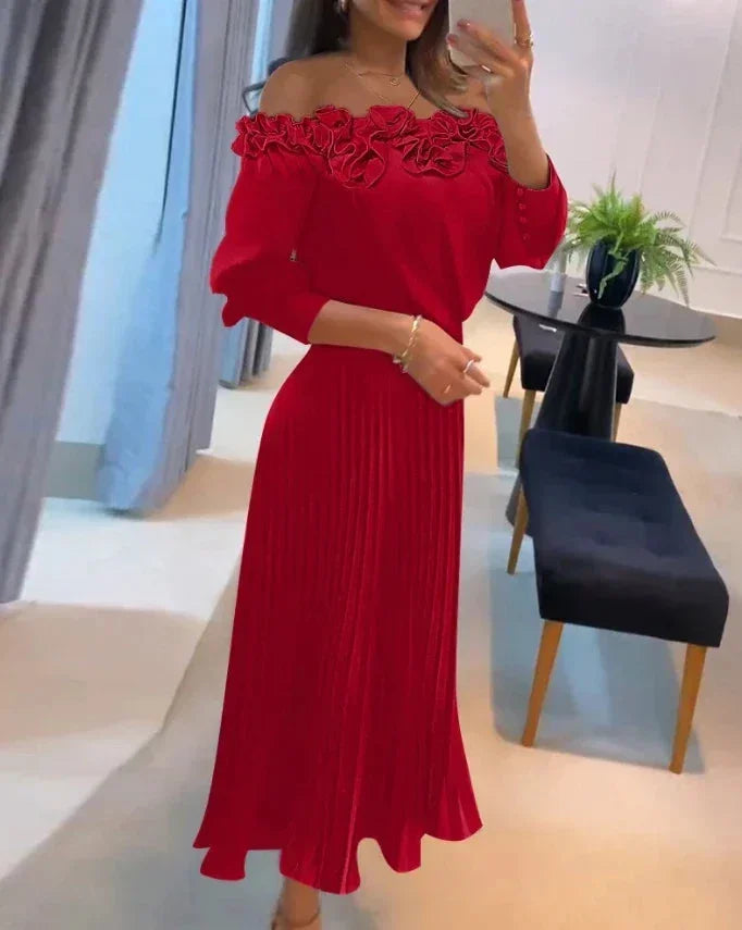 Vestito lungo rosso Spalle scoperte con volant e gonna plissettata