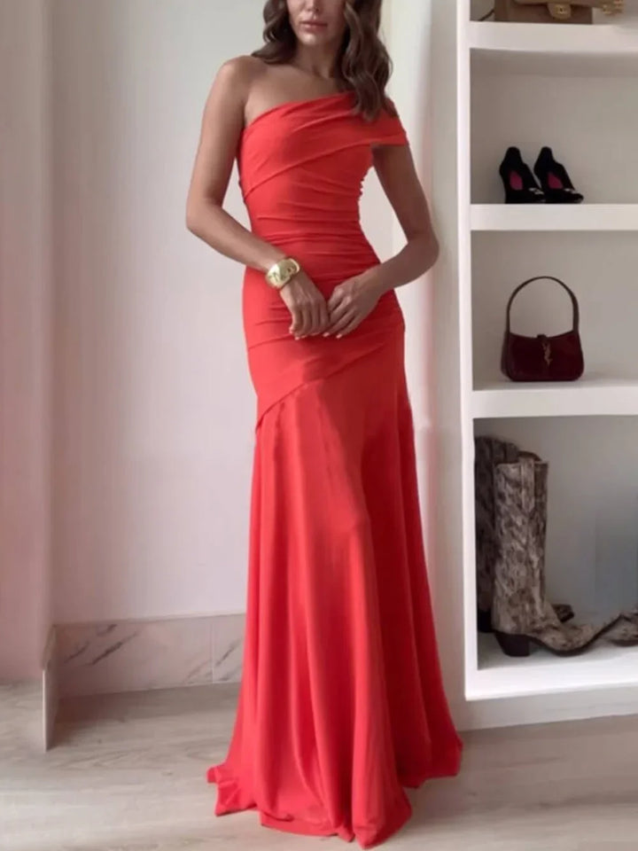 Vestito lungo donna asimmetrico arricciato per serata elegante