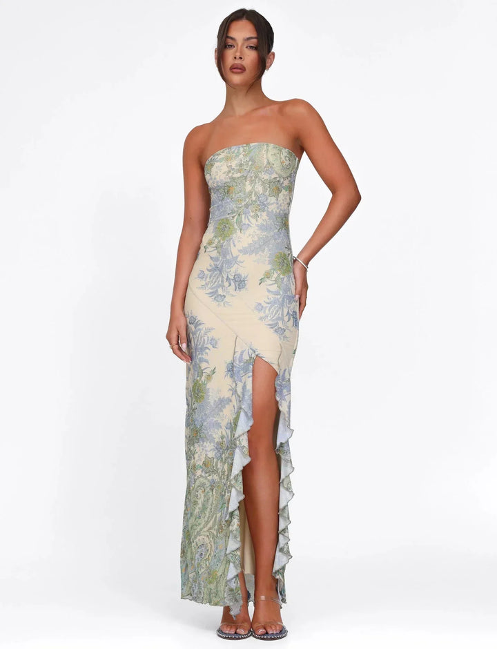 Vestito lungo senza spalline motivo floreale con spacco