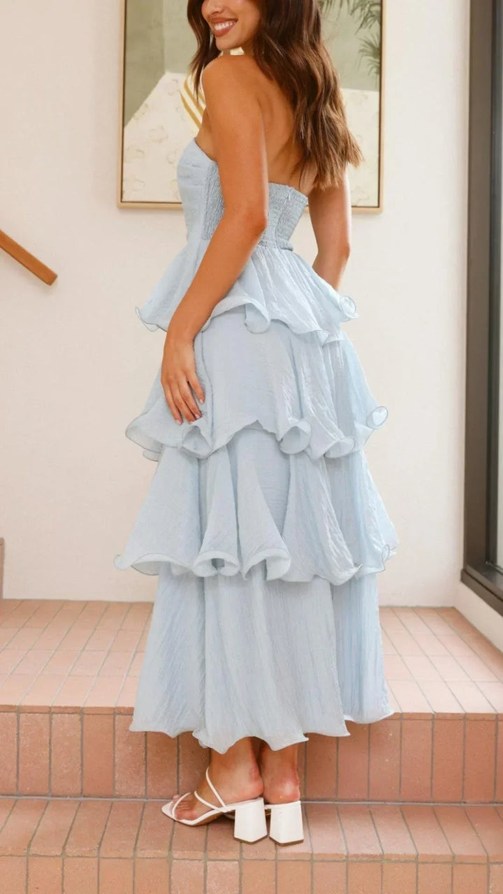 Vestito lungo donna senza bretelle con volant eleganti