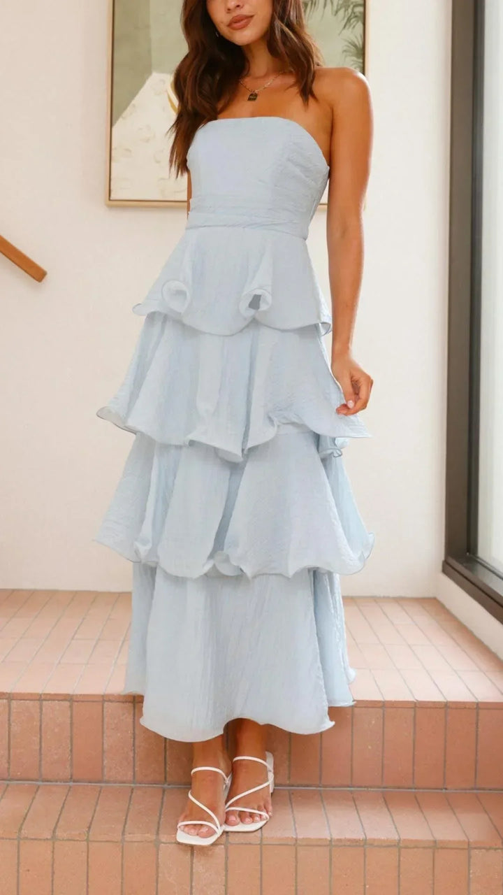 Vestito lungo donna senza bretelle con volant eleganti