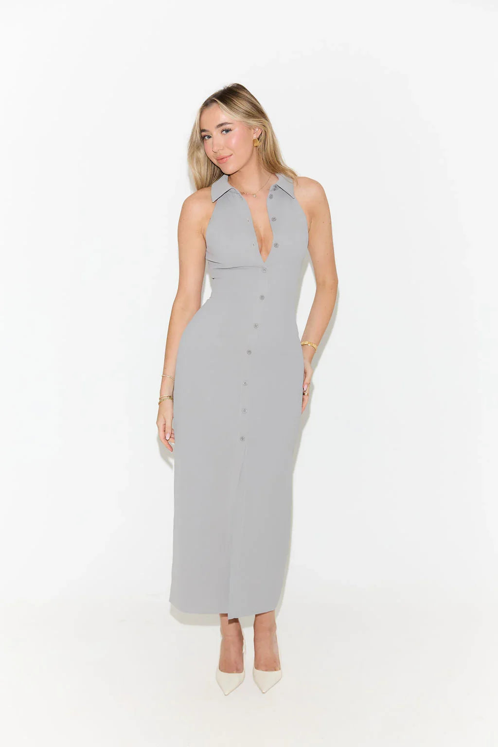Vestito medio lungo senza maniche con scollo a V per donna