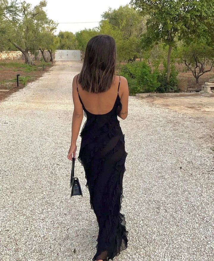 Vestito lungo da sera da donna con volant e spalline sottili