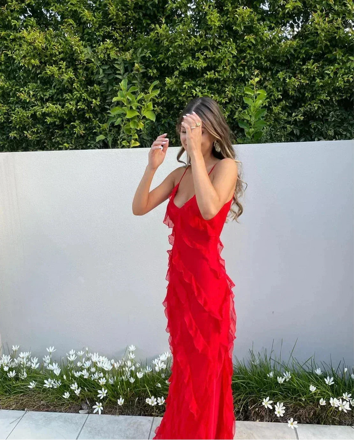 Vestito lungo da sera da donna con volant e spalline sottili