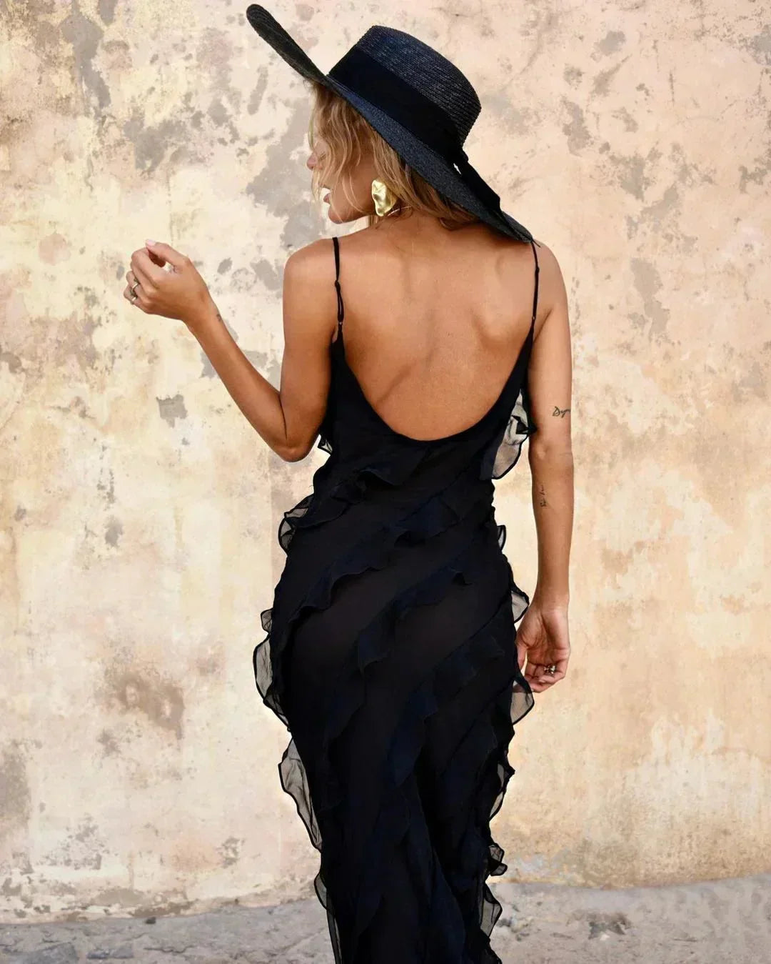 Vestito lungo da sera da donna con volant e spalline sottili