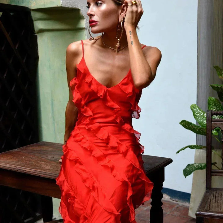 Vestito lungo da sera da donna con volant e spalline sottili