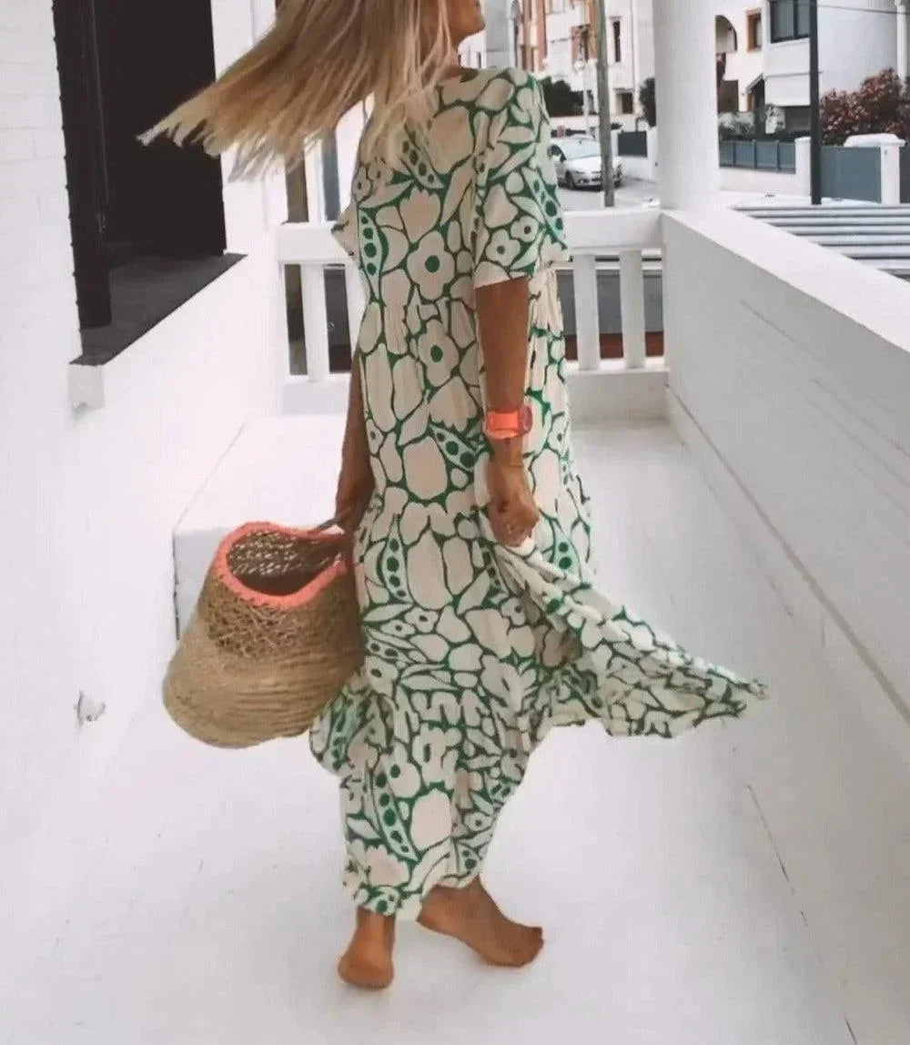 Vestito lungo estate donna con scollo a V, maniche corte e fantasia floreale