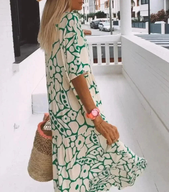 Vestito lungo estate donna con scollo a V, maniche corte e fantasia floreale