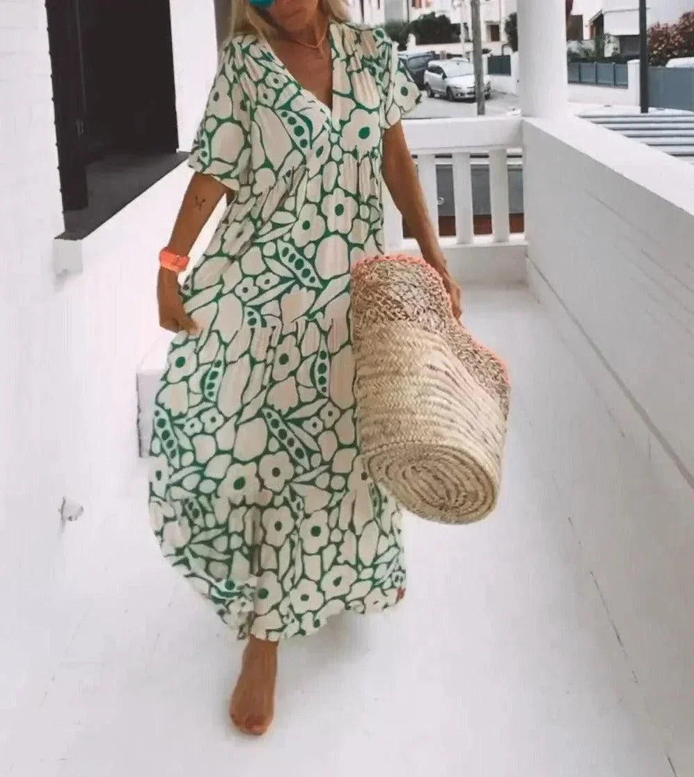 Vestito lungo estate donna con scollo a V, maniche corte e fantasia floreale