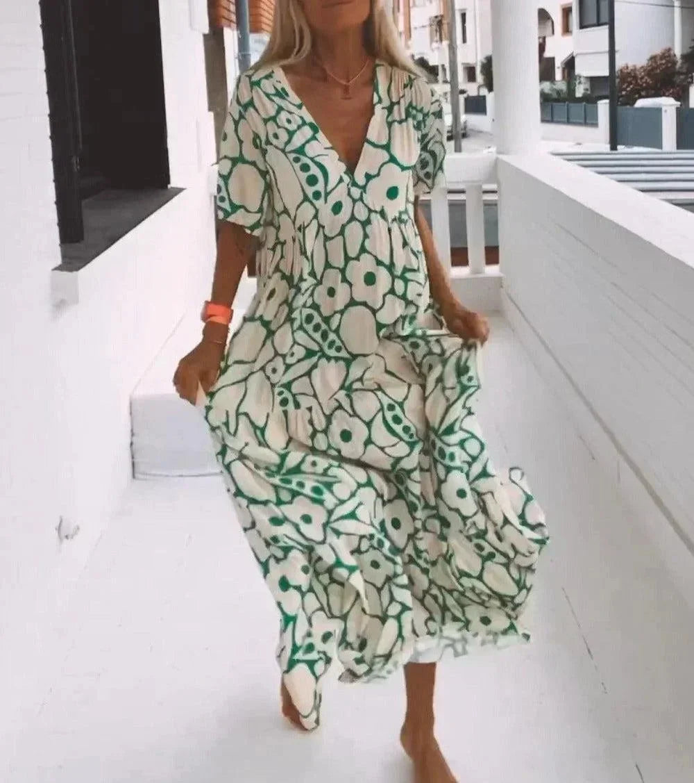 Vestito lungo estate donna con scollo a V, maniche corte e fantasia floreale