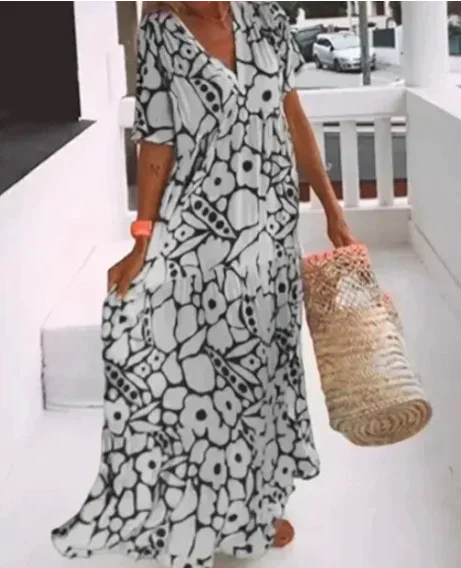 Vestito lungo estate donna con scollo a V, maniche corte e fantasia floreale