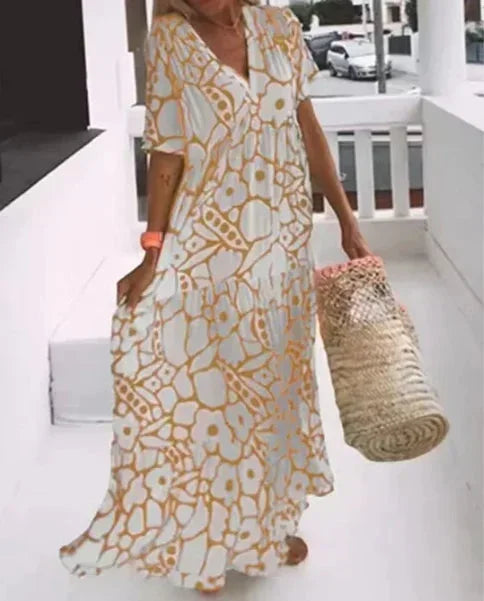 Vestito lungo estate donna con scollo a V, maniche corte e fantasia floreale