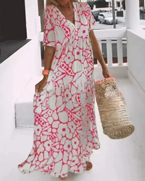 Vestito lungo estate donna con scollo a V, maniche corte e fantasia floreale