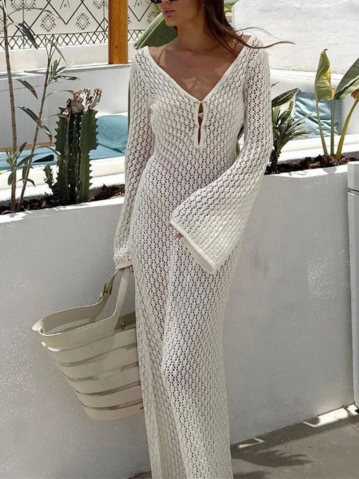 Vestito lungo donna all'uncinetto con maniche lunghe traforate
