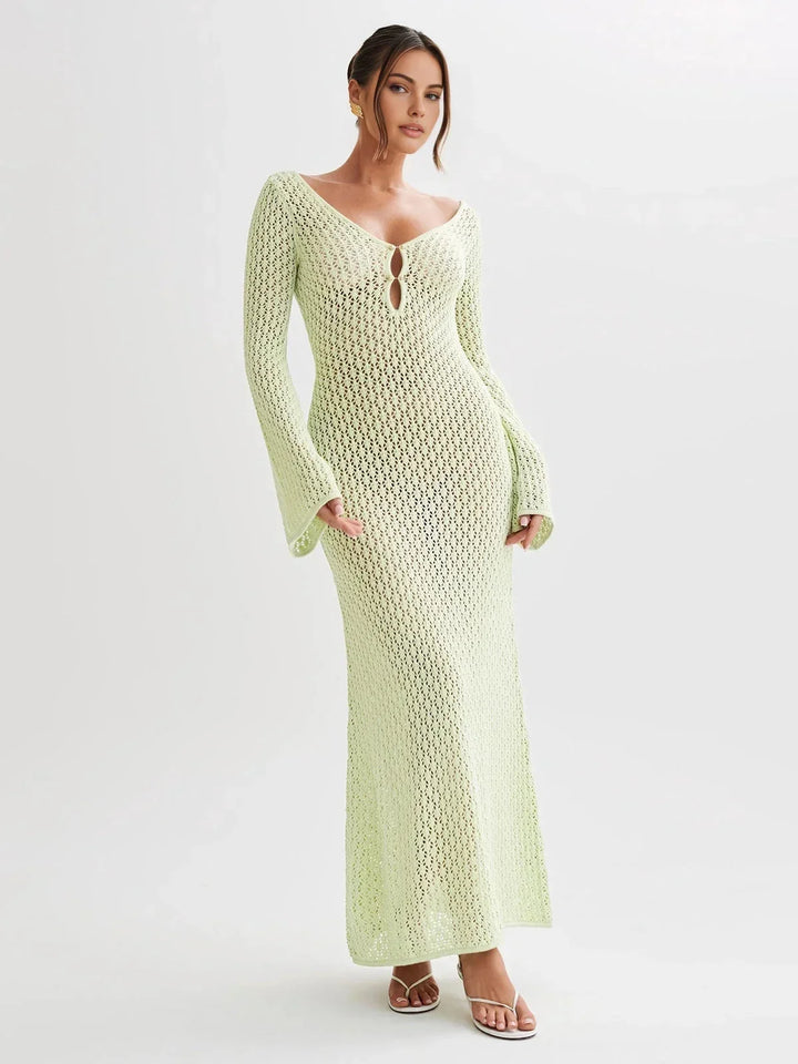 Vestito lungo donna all'uncinetto con maniche lunghe traforate