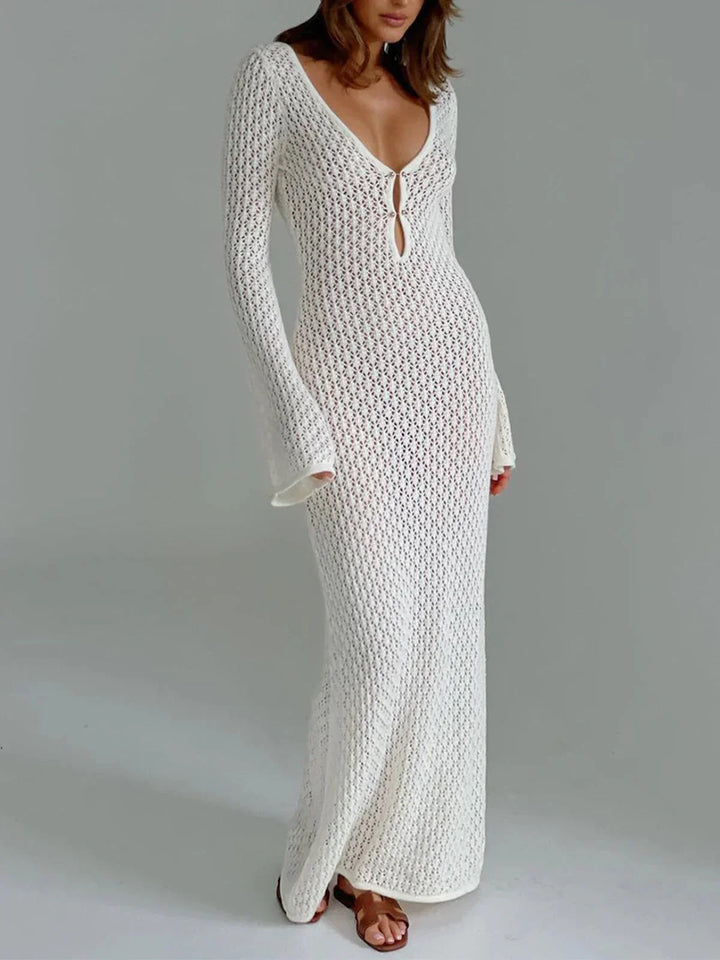 Vestito lungo donna all'uncinetto con maniche lunghe traforate