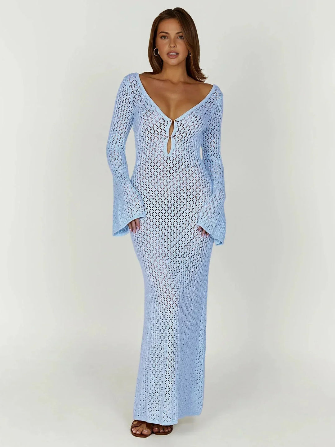 Vestito lungo donna all'uncinetto con maniche lunghe traforate