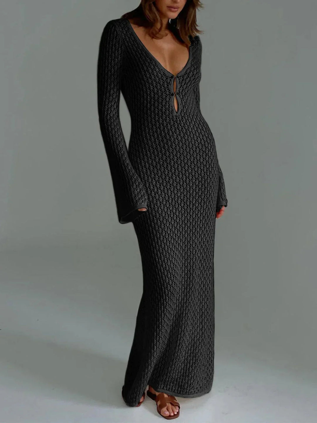 Vestito lungo donna all'uncinetto con maniche lunghe traforate