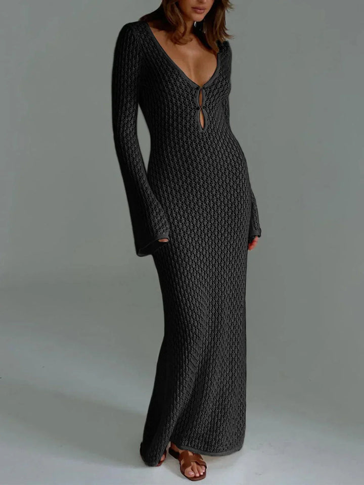 Vestito lungo donna all'uncinetto con maniche lunghe traforate