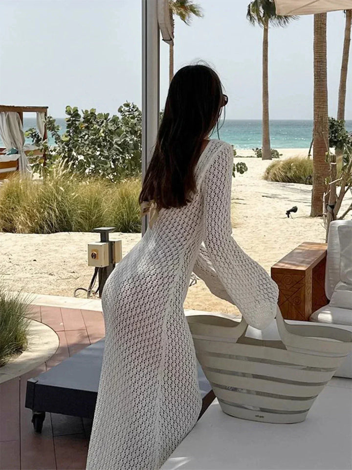 Vestito lungo donna all'uncinetto con maniche lunghe traforate