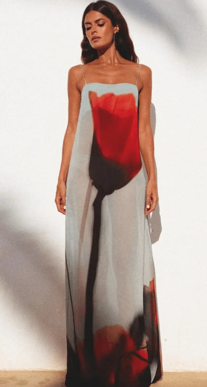 Vestito lungo donna rosso grigio stampato con bretelline sottili