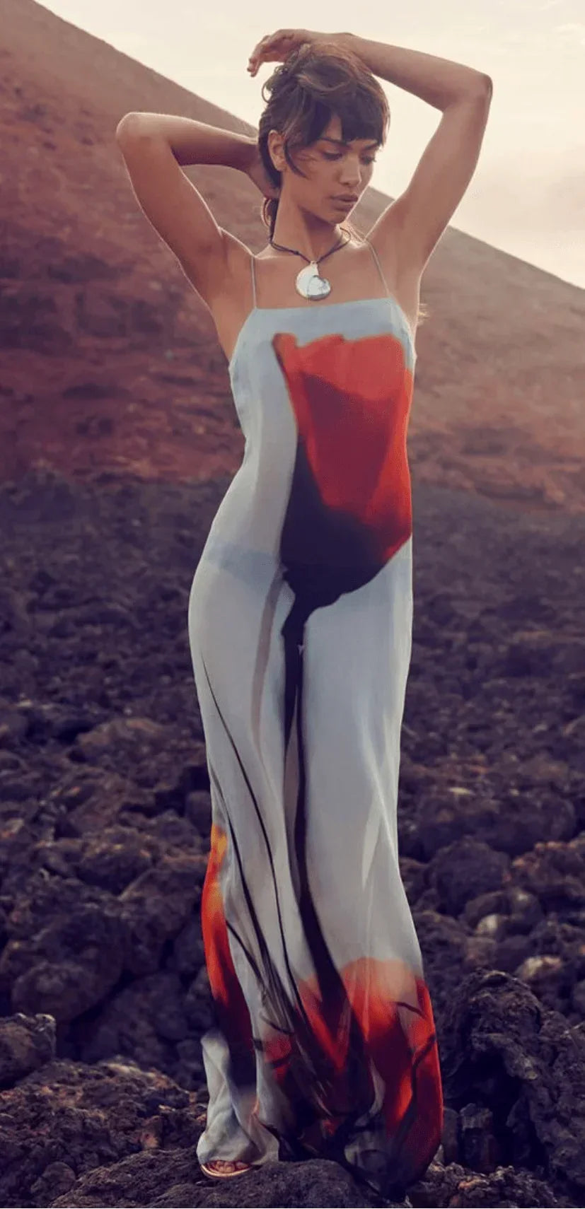 Vestito lungo donna rosso grigio stampato con bretelline sottili